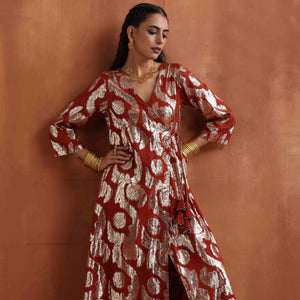 trueBrowns Rust Metallic Angrakha Kurta Set