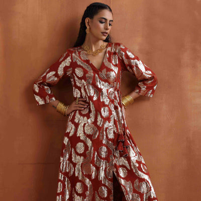 trueBrowns Rust Metallic Angrakha Kurta Set