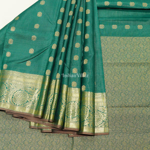 Teal Green Golden Stripped Pure Kanjivaram Silk Saree