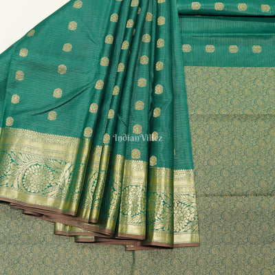 Teal Green Golden Stripped Pure Kanjivaram Silk Saree
