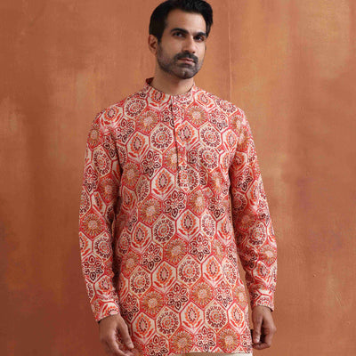 trueBrowns Men's Beige Printed Short Kurta