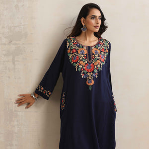 trueBrowns Blue Kashmiri Floral Embroidered Woollen Phiran Kurta