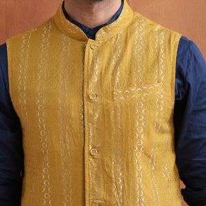 trueBrowns Men's Mustard Cotton Dobby Reversible Nehru Jacket