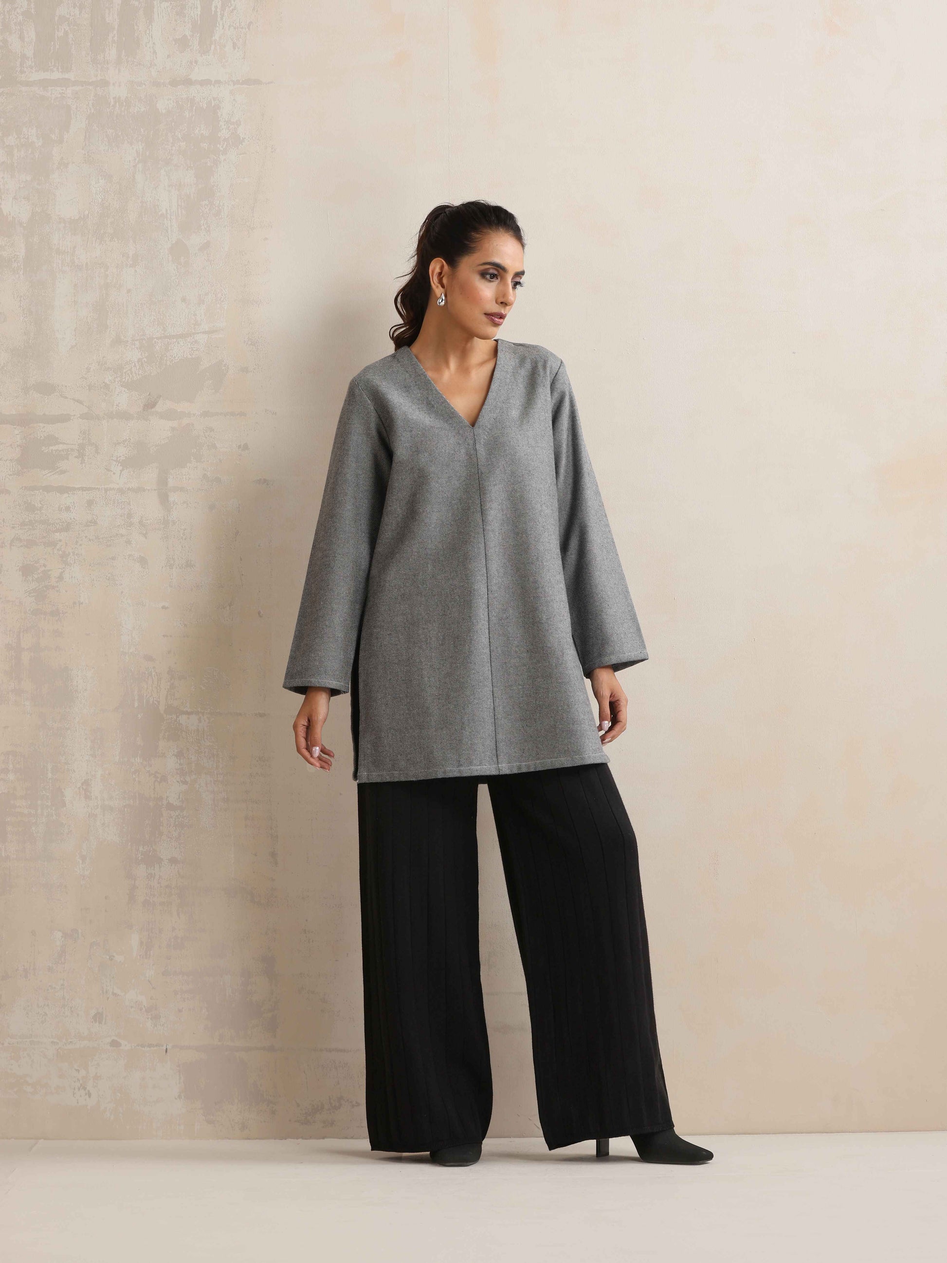trueBrowns Grey Woollen High Slit Kurta