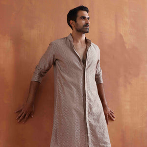 trueBrowns Men's Beige Cotton Dobby Kurta