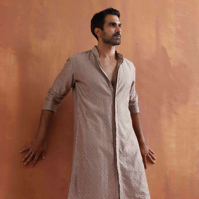 trueBrowns Men's Beige Cotton Dobby Kurta