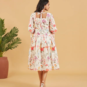 White Multicolour printed floral A-line Dress