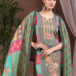 Grey Printed Poly Crepe Straight Suit With Dupatta
