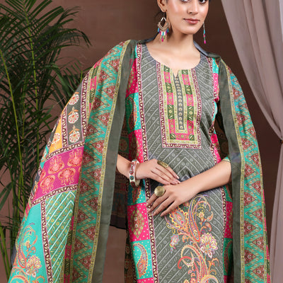 Grey Printed Poly Crepe Straight Suit With Dupatta