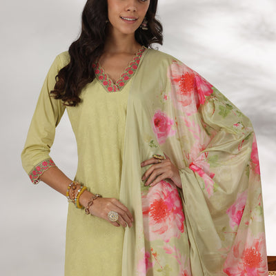 Green Embroidered Cotton Straight Suit With Dupatta
