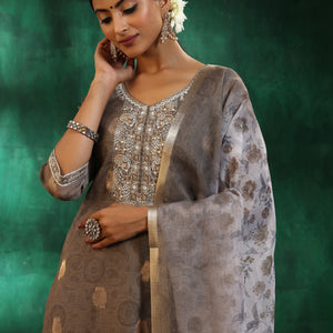 Green Woven Design Silk Blend Straight Suit With Dupatta