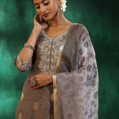 Green Woven Design Silk Blend Straight Suit With Dupatta