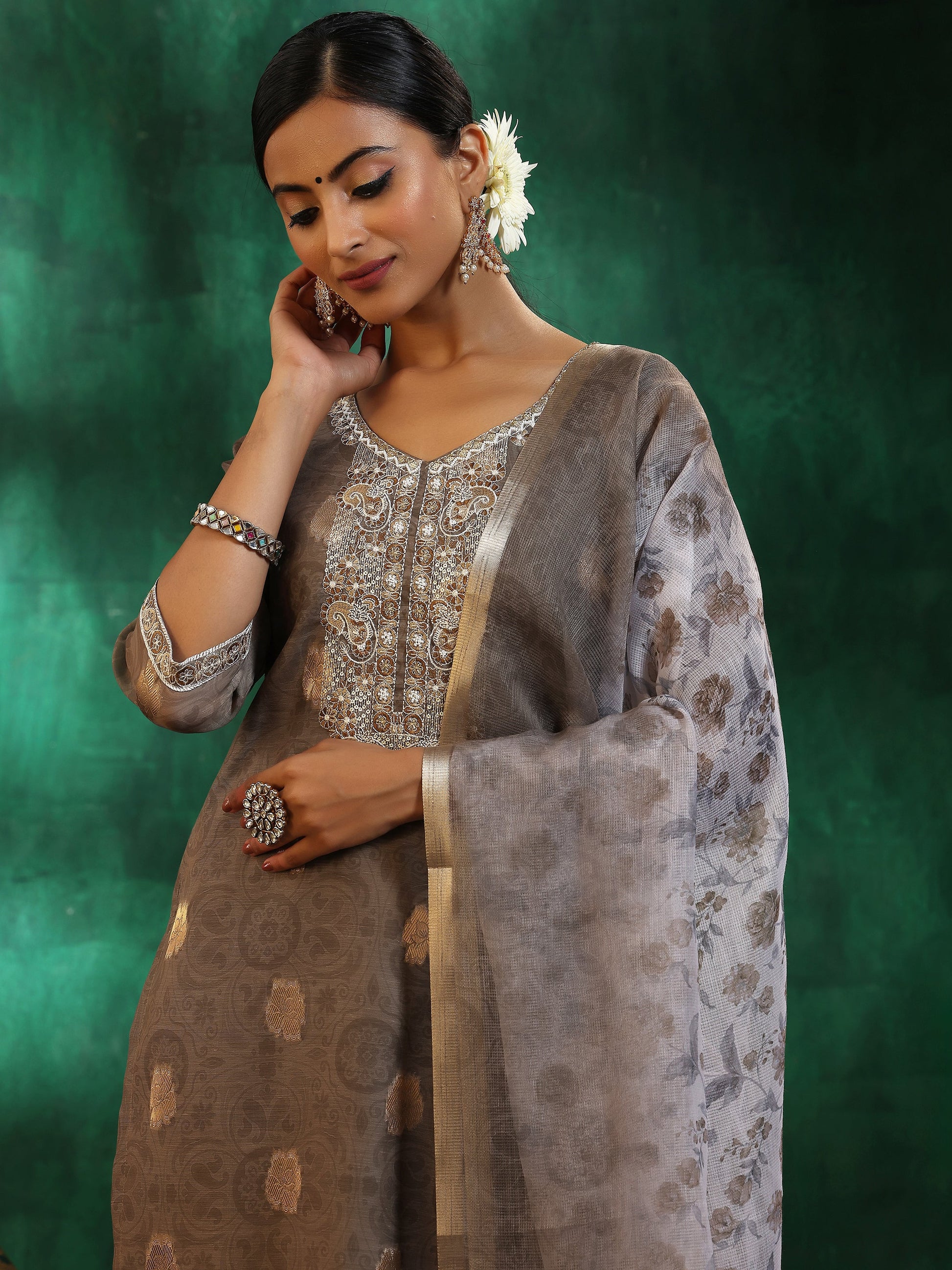 Green Woven Design Silk Blend Straight Suit With Dupatta