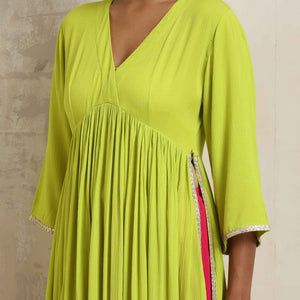 trueBrowns Lime Crinkle Anarkali Flared Kurta Set