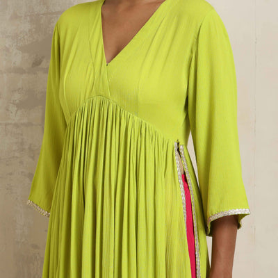 trueBrowns Lime Crinkle Anarkali Flared Kurta Set