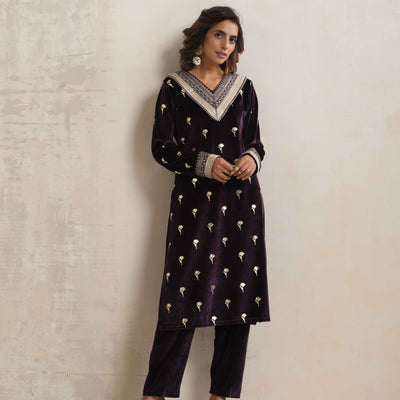 trueBrowns Wine Velvet Floral Embroidered Kurta Pant Dupatta Set