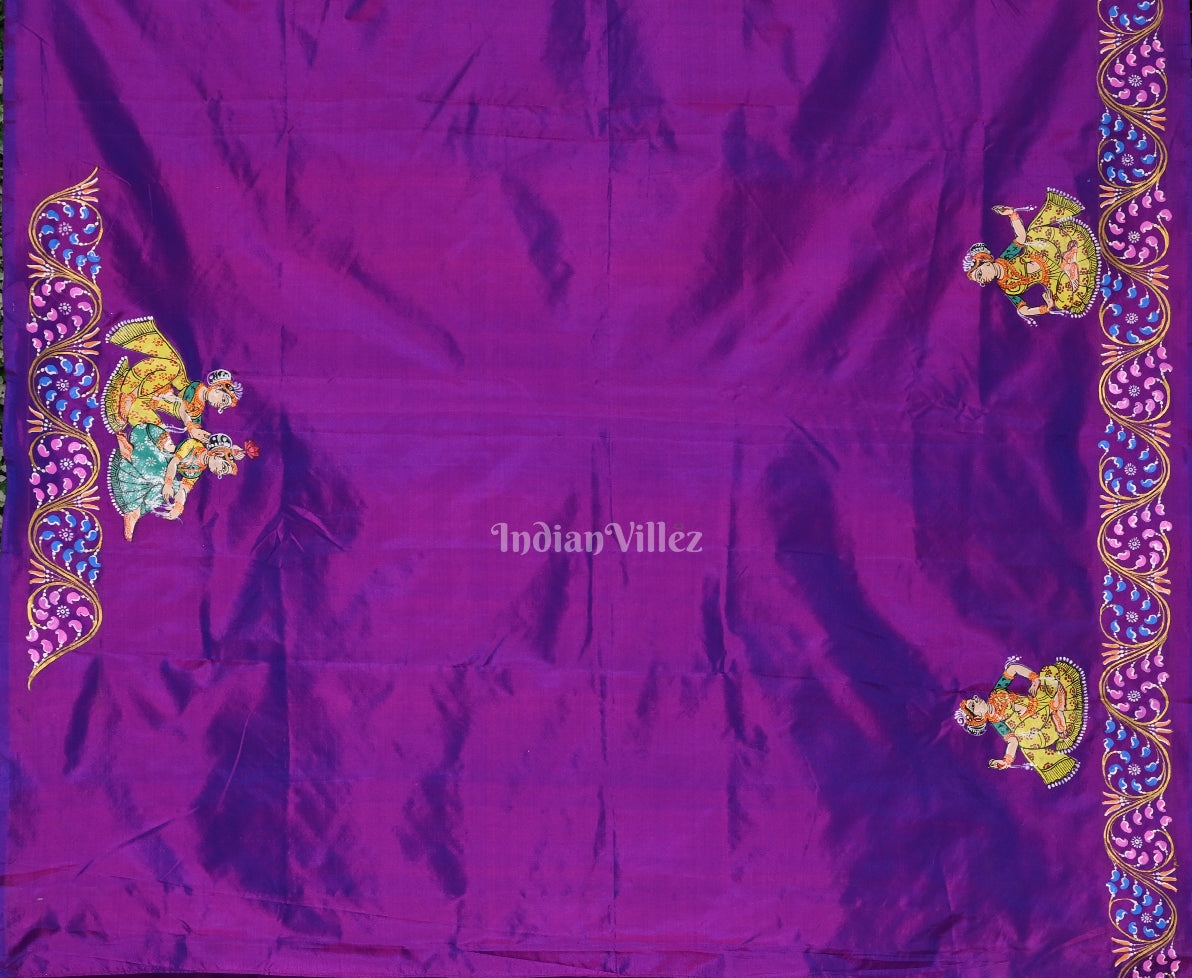 Green Purple Radha Krishna Village Theme Pattachitra Saree