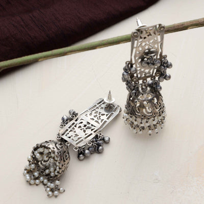 trueBrowns Silver Tone Floral Jhumka Earrings