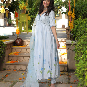Blue Blossom Handpainted Cotton Silk Suit Set