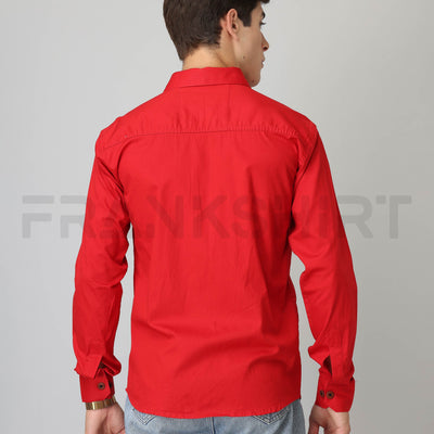 Frankshirt Double Pocket Red Solid Tailored Fit Cotton Casual Shirt for Man