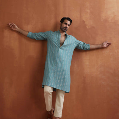 trueBrowns Men's Green Textured Cotton Dobby Kurta