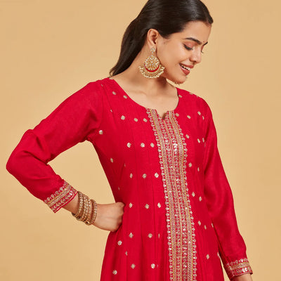 Bright Red Anarkali Set With Lime Green Dupatta