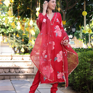 Raspberry Blush Red Handpainted Satin Suit Set