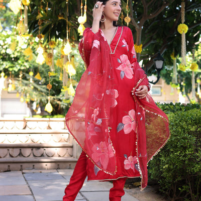 Raspberry Blush Red Handpainted Satin Suit Set