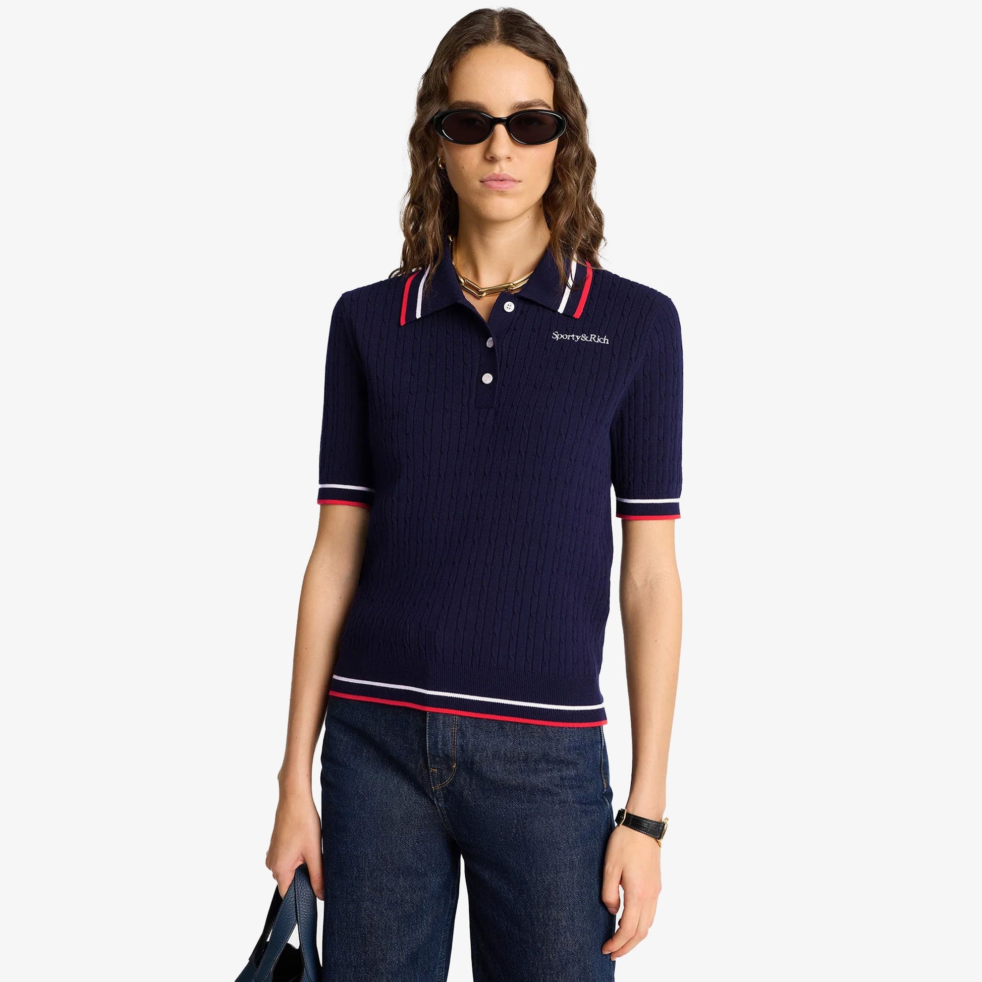SPORTY & RICH | SERIF MINI CABLE POLO T-SHIRT { NAVY