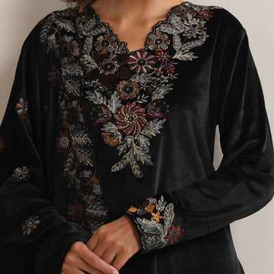trueBrowns Black Velvet Floral Embroidered Kurta Pant Dupatta Set