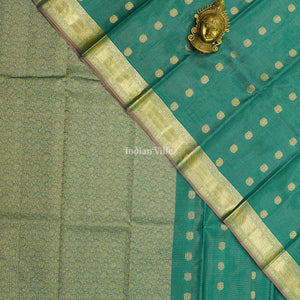 Teal Green Golden Stripped Pure Kanjivaram Silk Saree