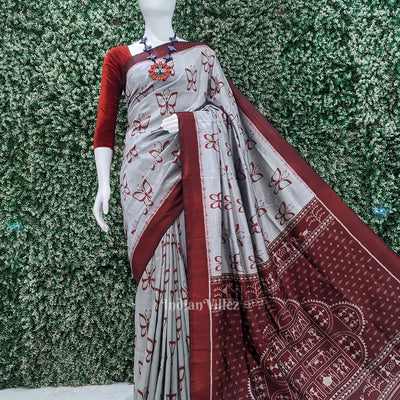 Gray Maroon Butterfly Designer Contemporary Silk Saree
