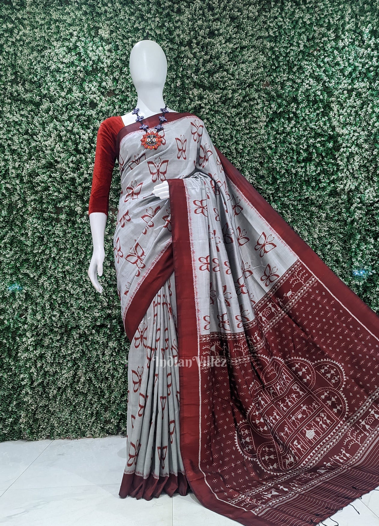 Gray Maroon Butterfly Designer Contemporary Silk Saree