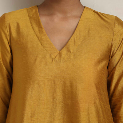 trueBrowns Gold Brown Silk A-line Kurta Set