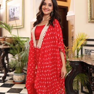 Flaming Red Bandhani Silk Coord Set