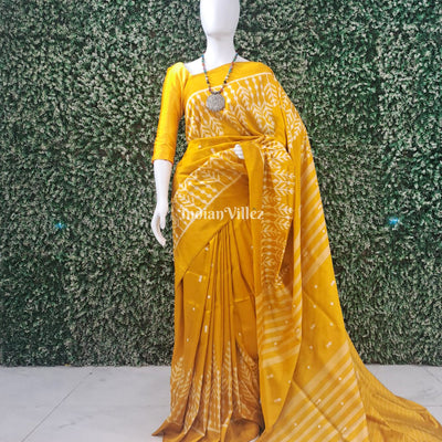 Golden Yellow Fish Motif Odisha Ikat Contemporary Silk Saree