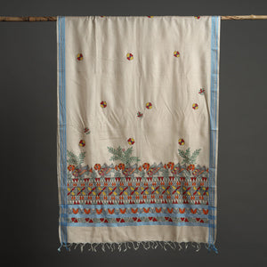 Beige - Madhubani Handpainted Tussar Cotton Handloom Dupatta 01