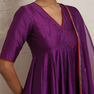 trueBrowns Purple Silk Anarkali Kurta Pant Dupatta Set