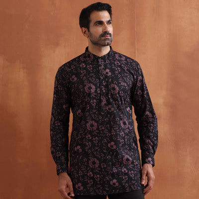 trueBrowns Men's Black Floral Printed Short Kurta
