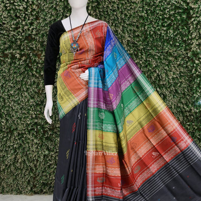 Black Pasapali Double Pallu Berhampuri Silk Saree