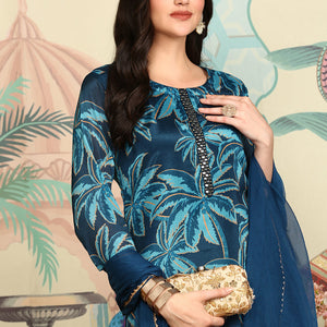 Navy Blue Floral Printed Beads And Stones Straight Kurta With Trousers & Dupatta