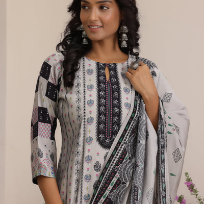 Grey Printed Silk Blend Straight Suit With Dupatta