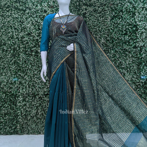 Teal Blue Stripped Pure Silk Cotton Maheshwari Saree