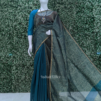 Teal Blue Stripped Pure Silk Cotton Maheshwari Saree