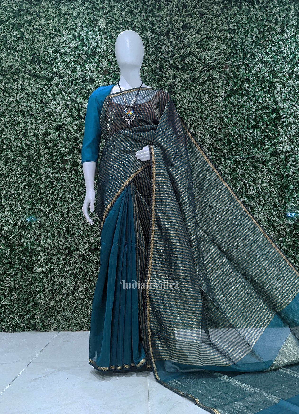 Teal Blue Stripped Pure Silk Cotton Maheshwari Saree