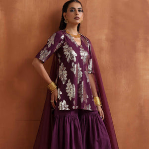 trueBrowns Purple Metallic Sharara Dupatta Set