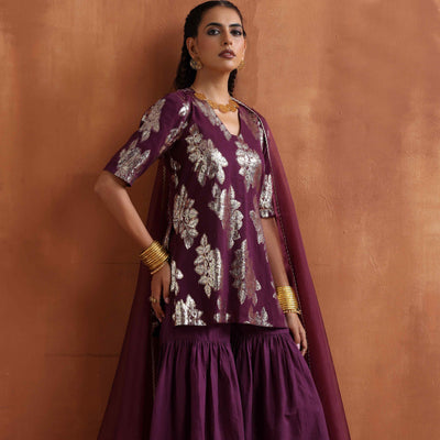 trueBrowns Purple Metallic Sharara Dupatta Set