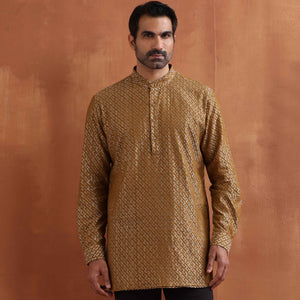 trueBrowns Men's Mustard Cotton Dobby Short Kurta