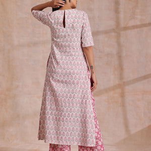 Pink Green Floral On White Block Print Cotton Slit Kurta Pant Set | Relove