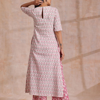 Pink Green Floral On White Block Print Cotton Slit Kurta Pant Set | Relove